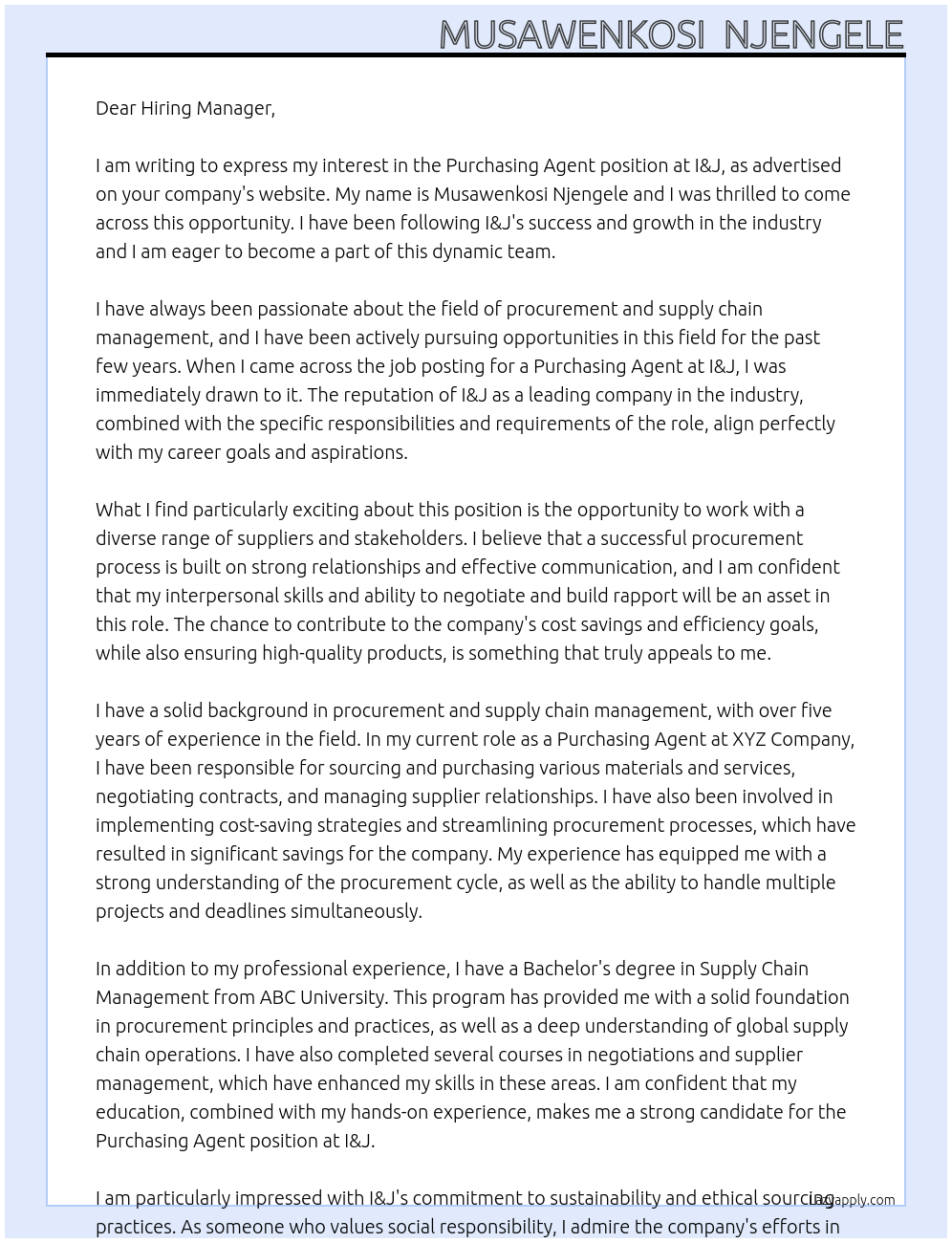 purchasing agent At I&J Cover Letter