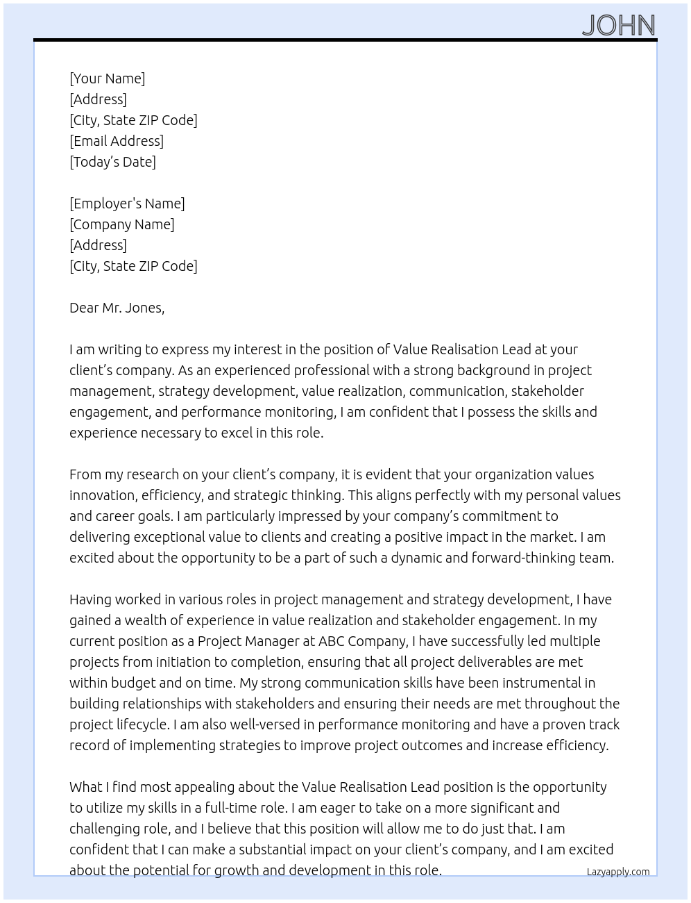 Value Realisation Lead At your client Cover Letter