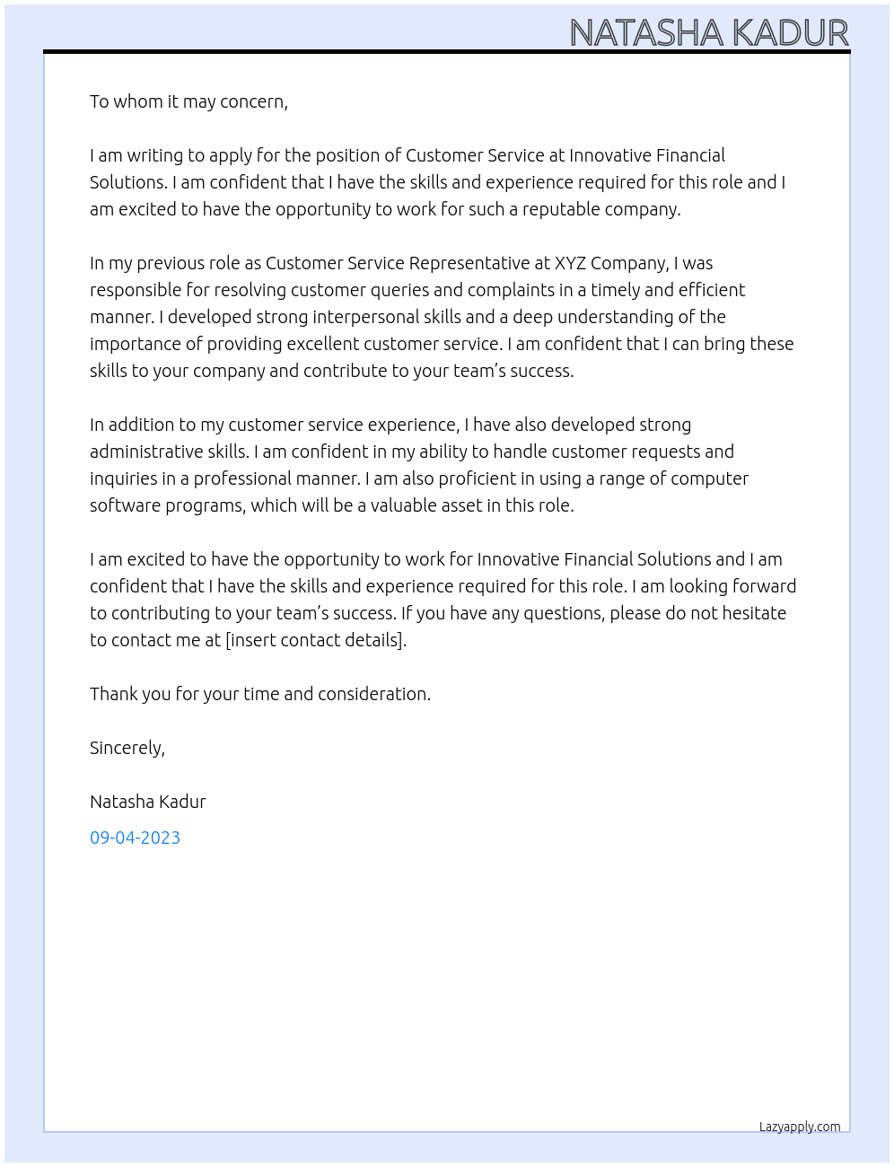 Costumer Service At Innovative Financial Solutions Cover Letter