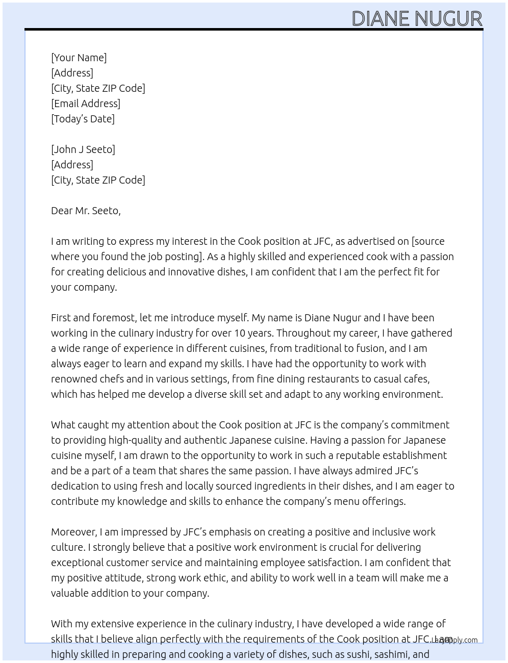 Cook At Jfc Cover Letter