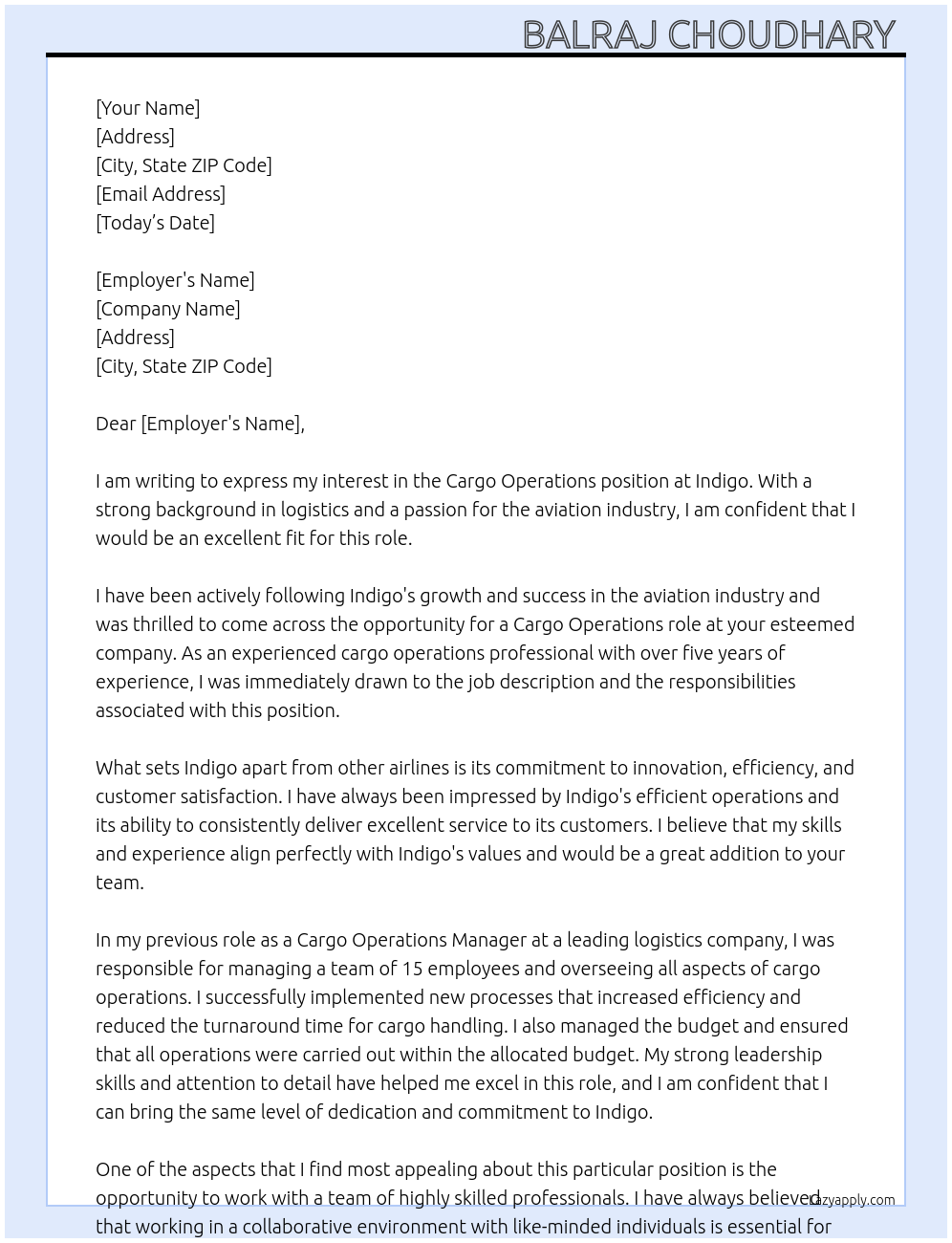  Cargo Operations At Indigo  Cover Letter