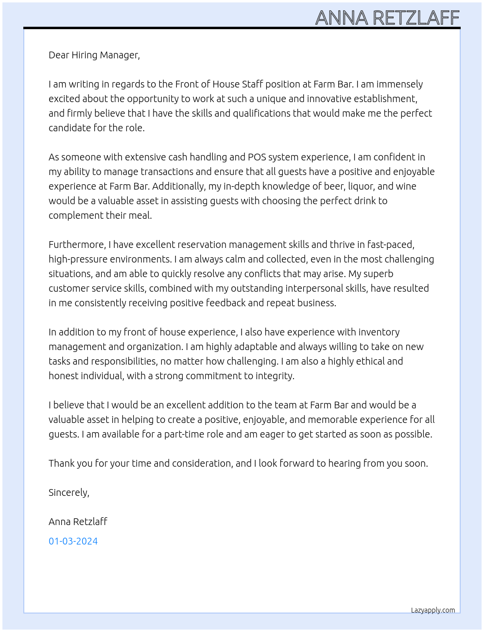 Front of House Staff At Farm Bar Cover Letter