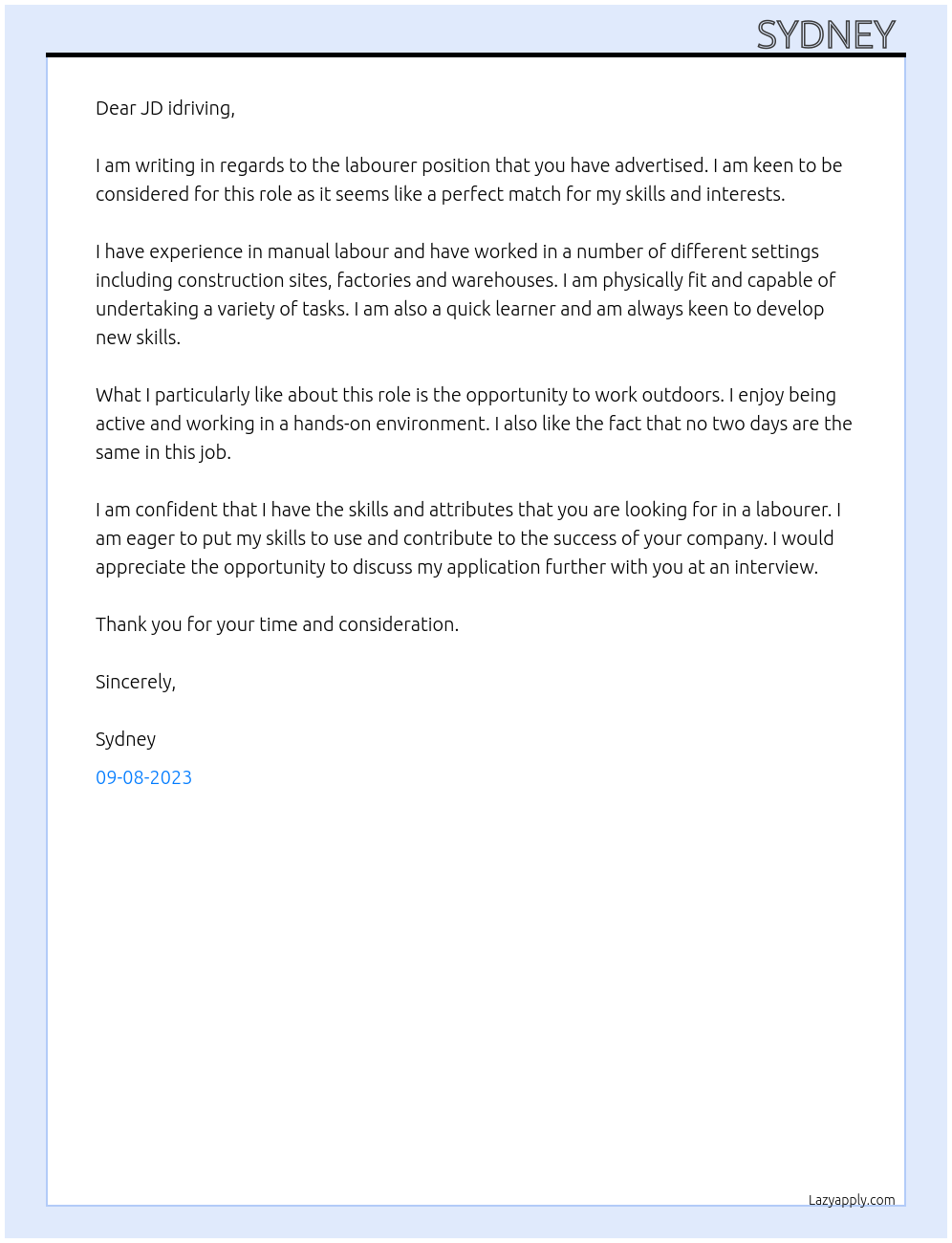 Labourer At JD idriving Cover Letter