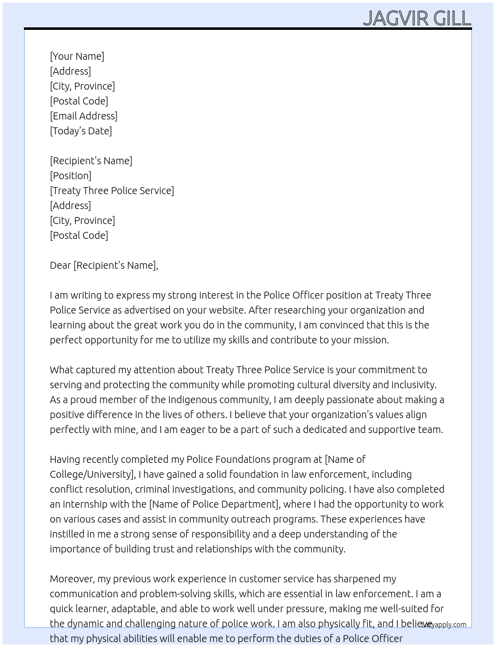 Police Officer At Treaty Three Police Service Cover Letter