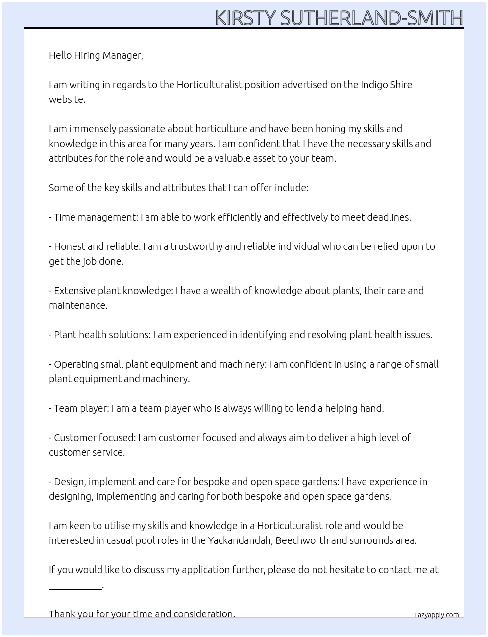 Horticulturalist At Indigo Shire Cover Letter