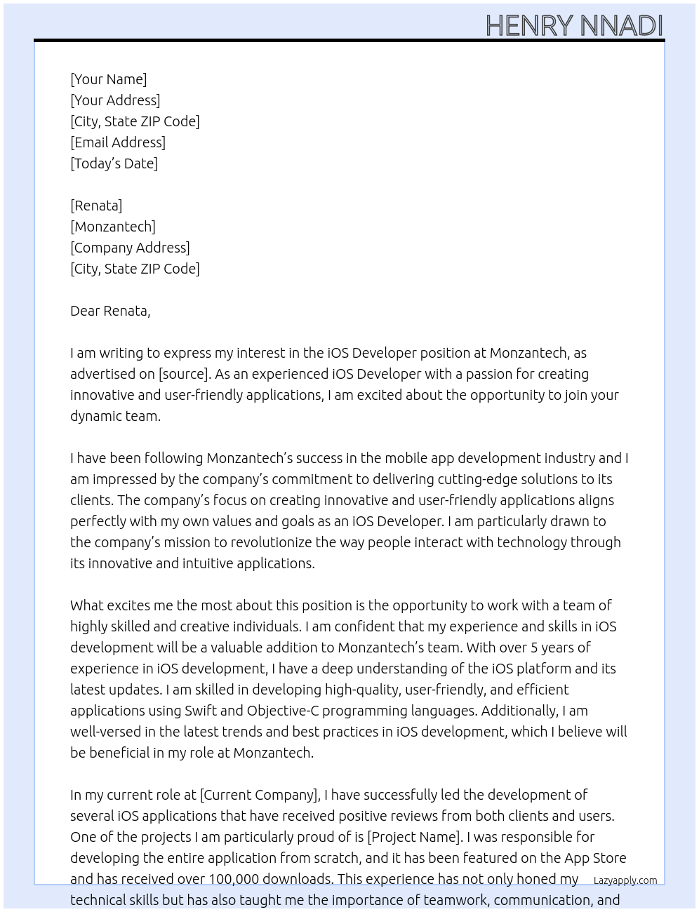 iOS Developer At Monzantech Cover Letter