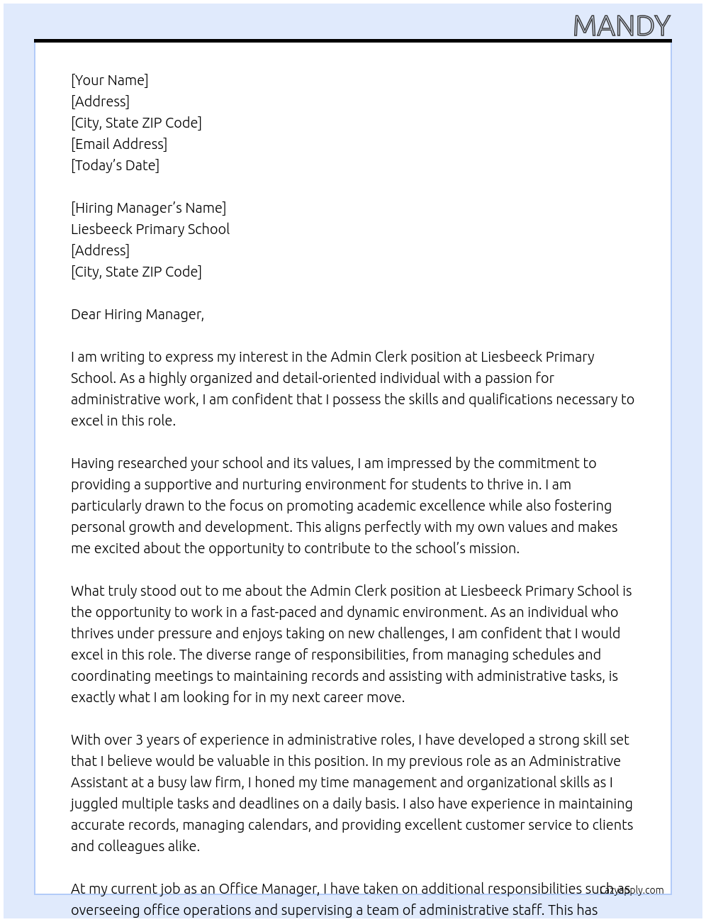 Admin Clerk At Liesbeeck Primary School Cover Letter