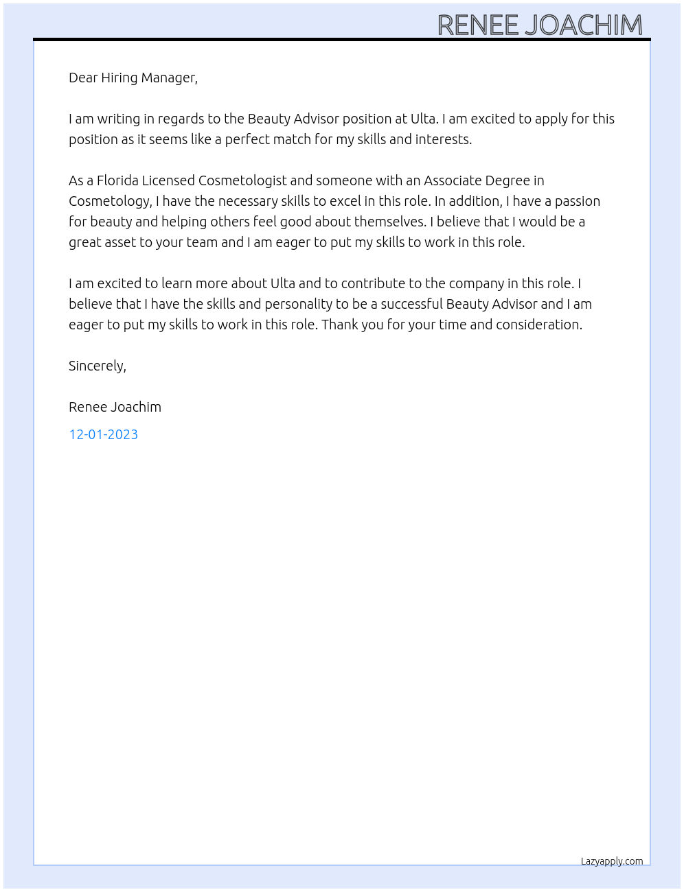 Beauty Advisor At Ulta Cover Letter