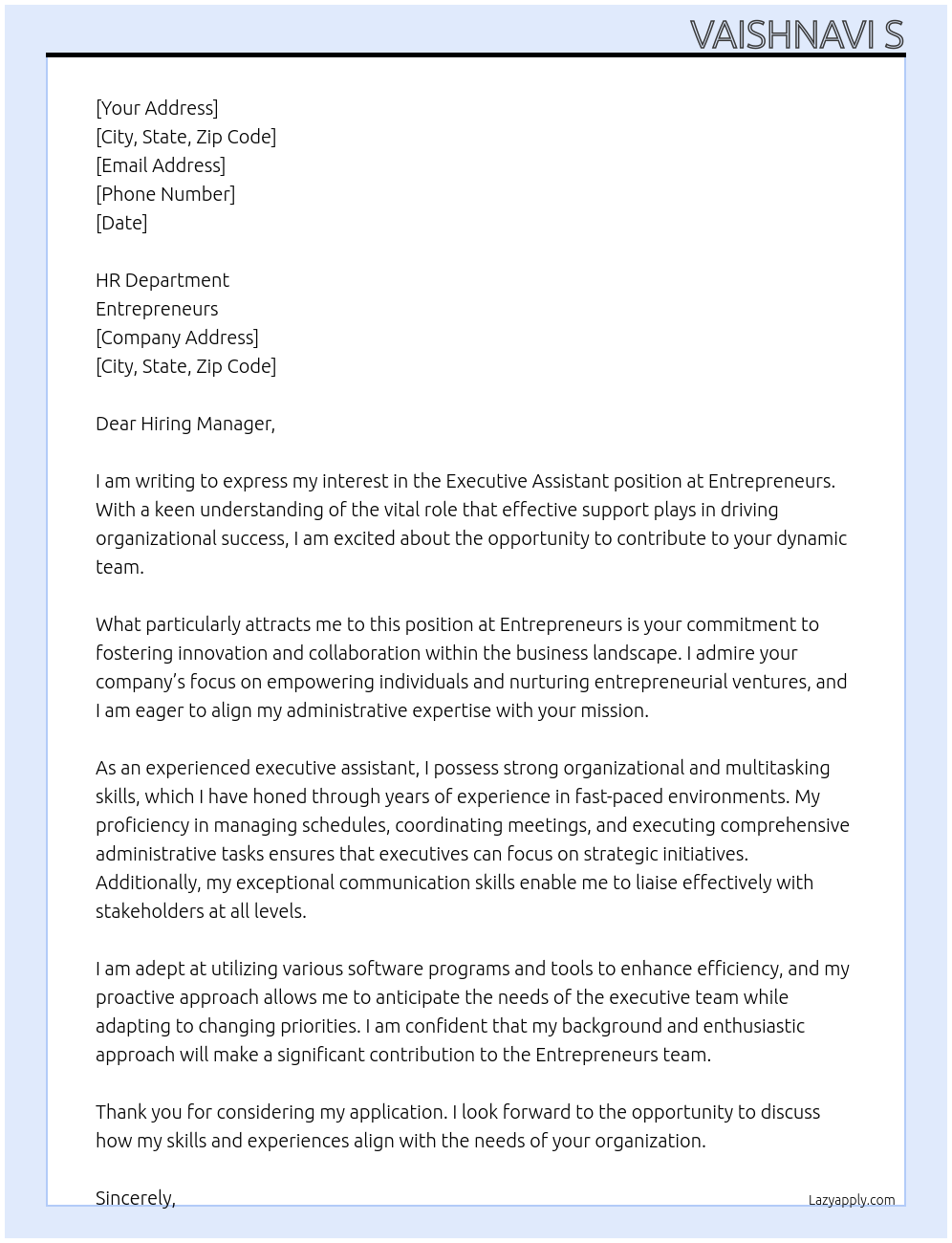 Executive assistant  At Entrepreneurs  Cover Letter