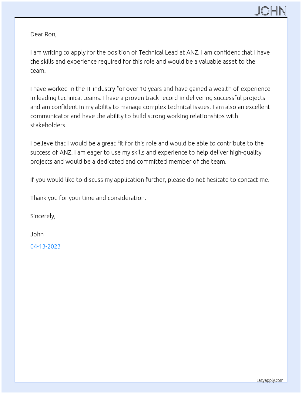 Technical Lead At anz Cover Letter