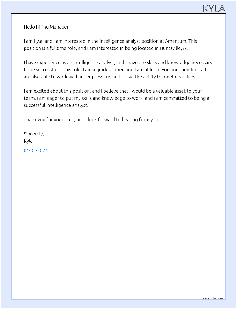 intelligence analyst At Amentum Cover Letter
