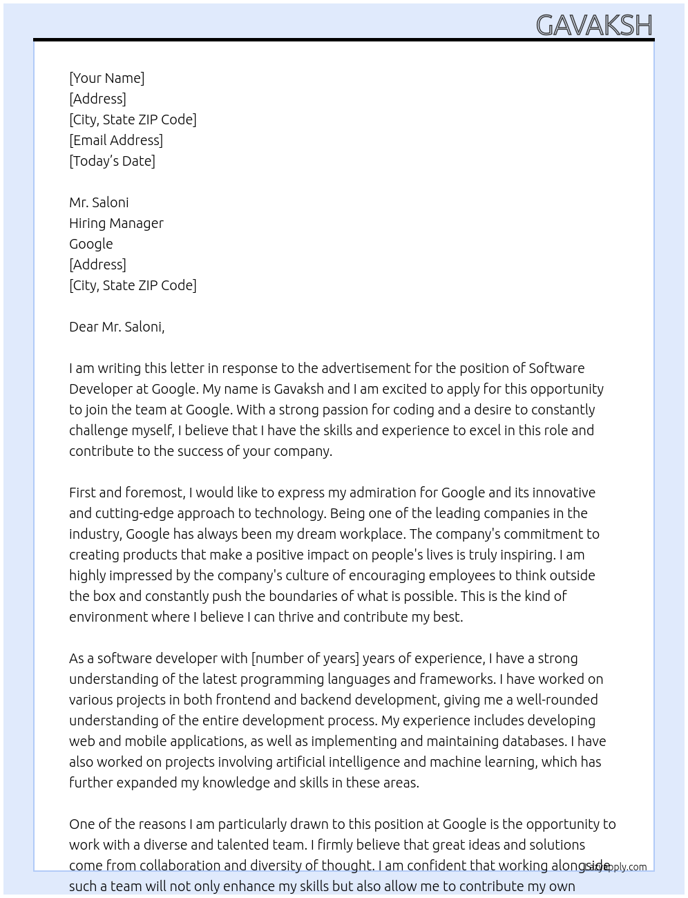 software developers At google Cover Letter