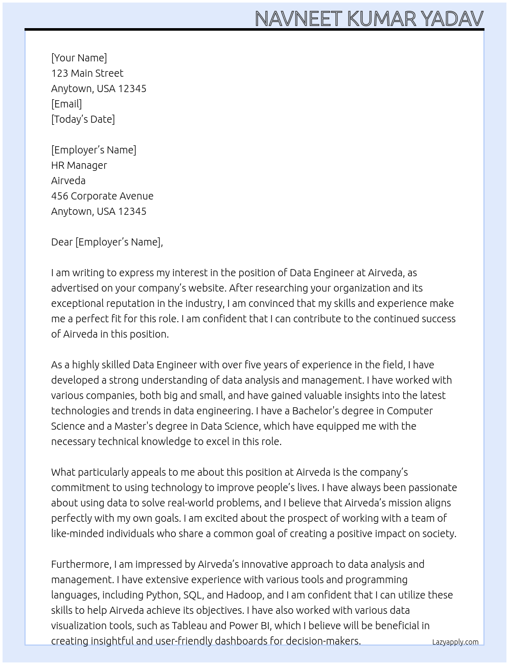 Data Engineer At Airveda Cover Letter