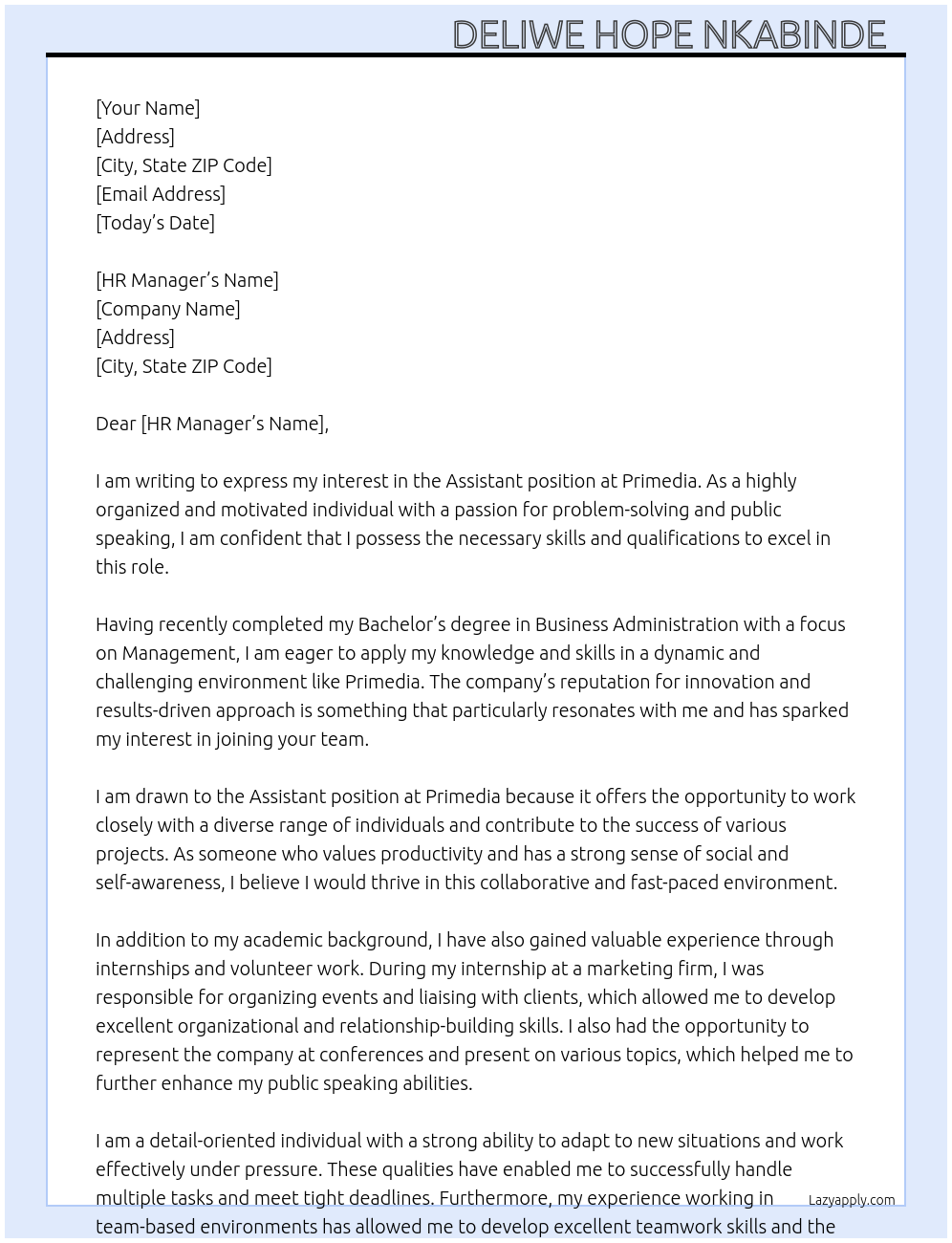 Assistant  At Primedia  Cover Letter