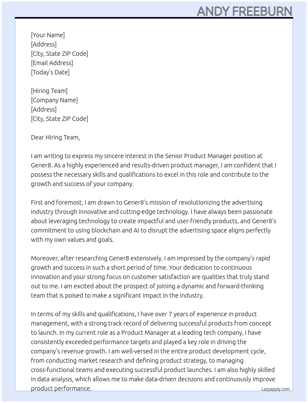 Senior Product Manager At Gener8 Cover Letter