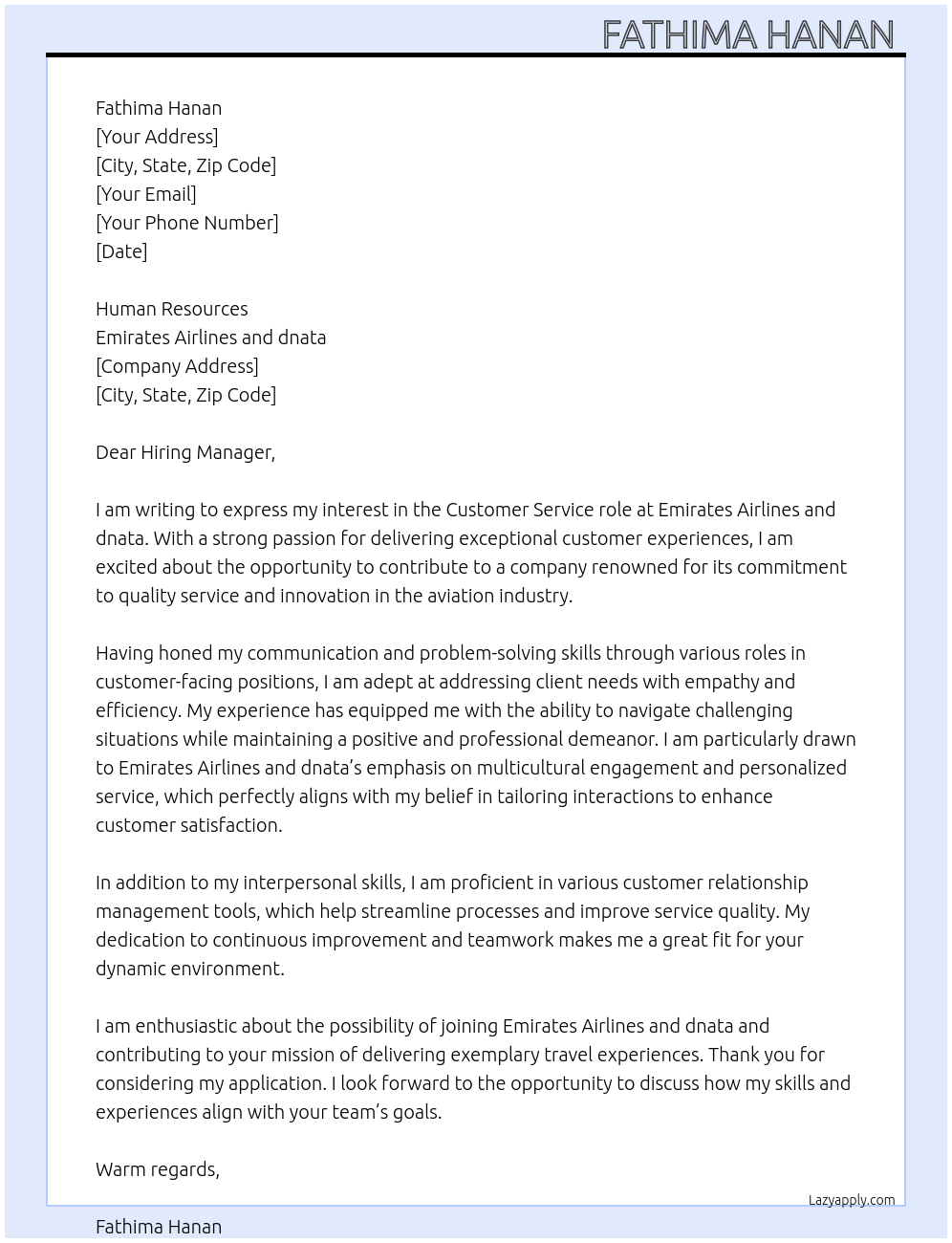 Customer service roles At Emirates Airlines and dnata Cover Letter