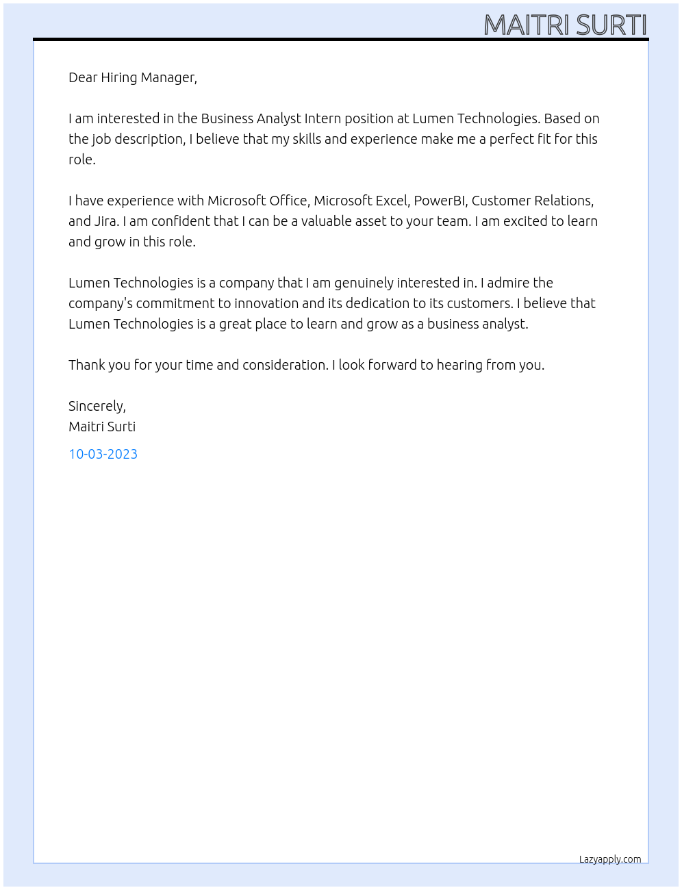 Business Analyst INtern At Lumen Technologies Cover Letter