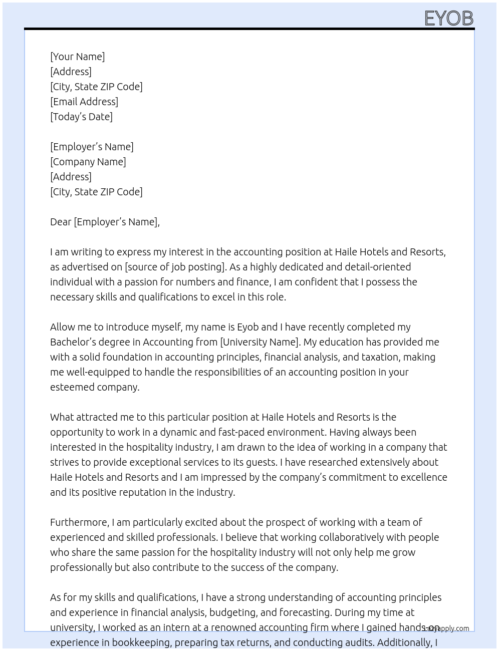 accounting At Haile Hotels and Resorts Cover Letter