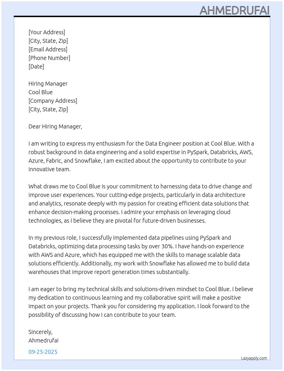 Data Engineer At Cool blue Cover Letter