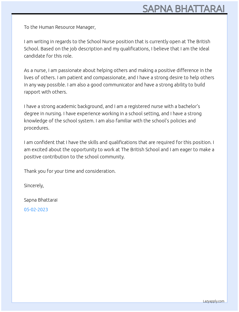 School Nurse At The British School Cover Letter