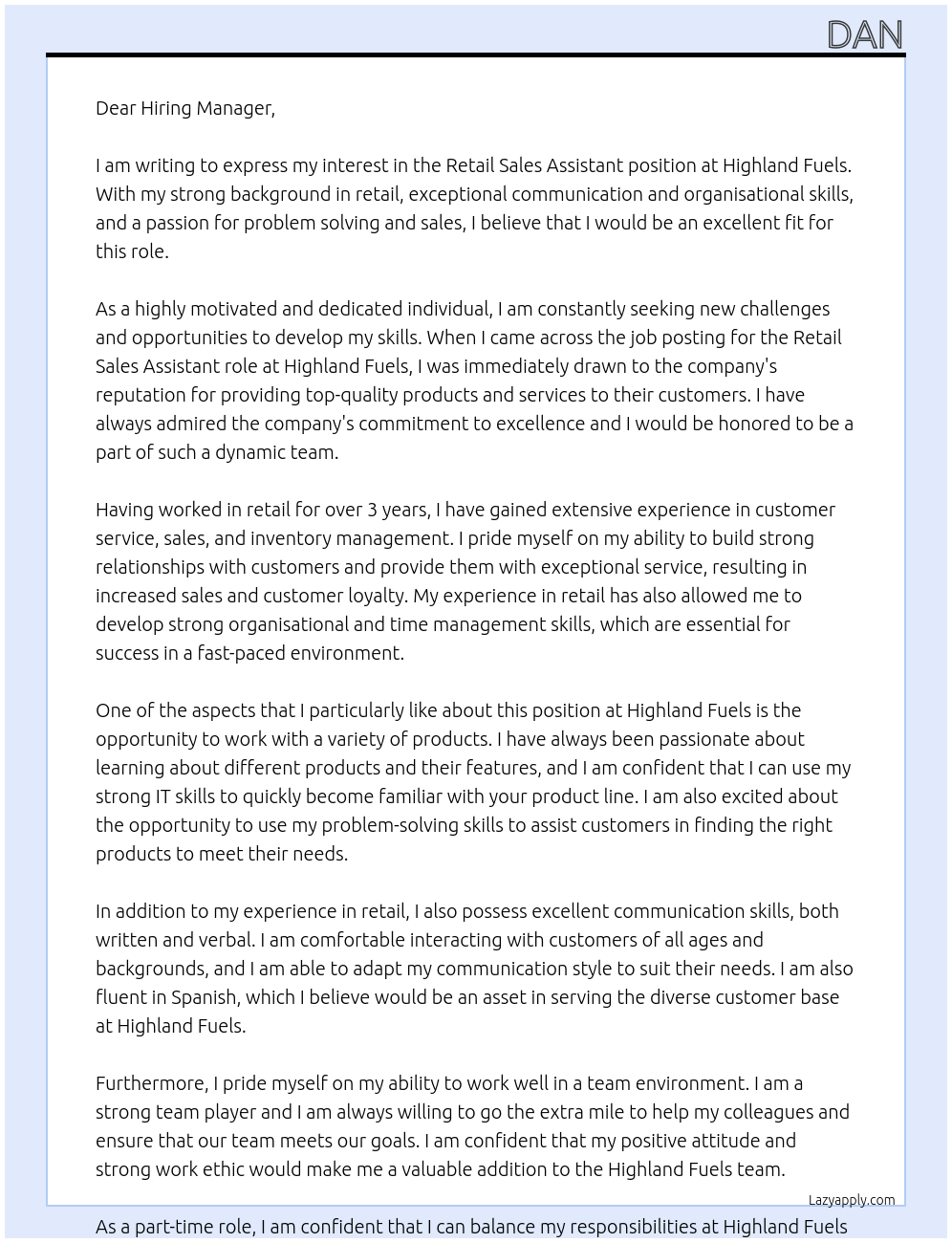 Retail Sales Assistant At Highland Fuels Cover Letter