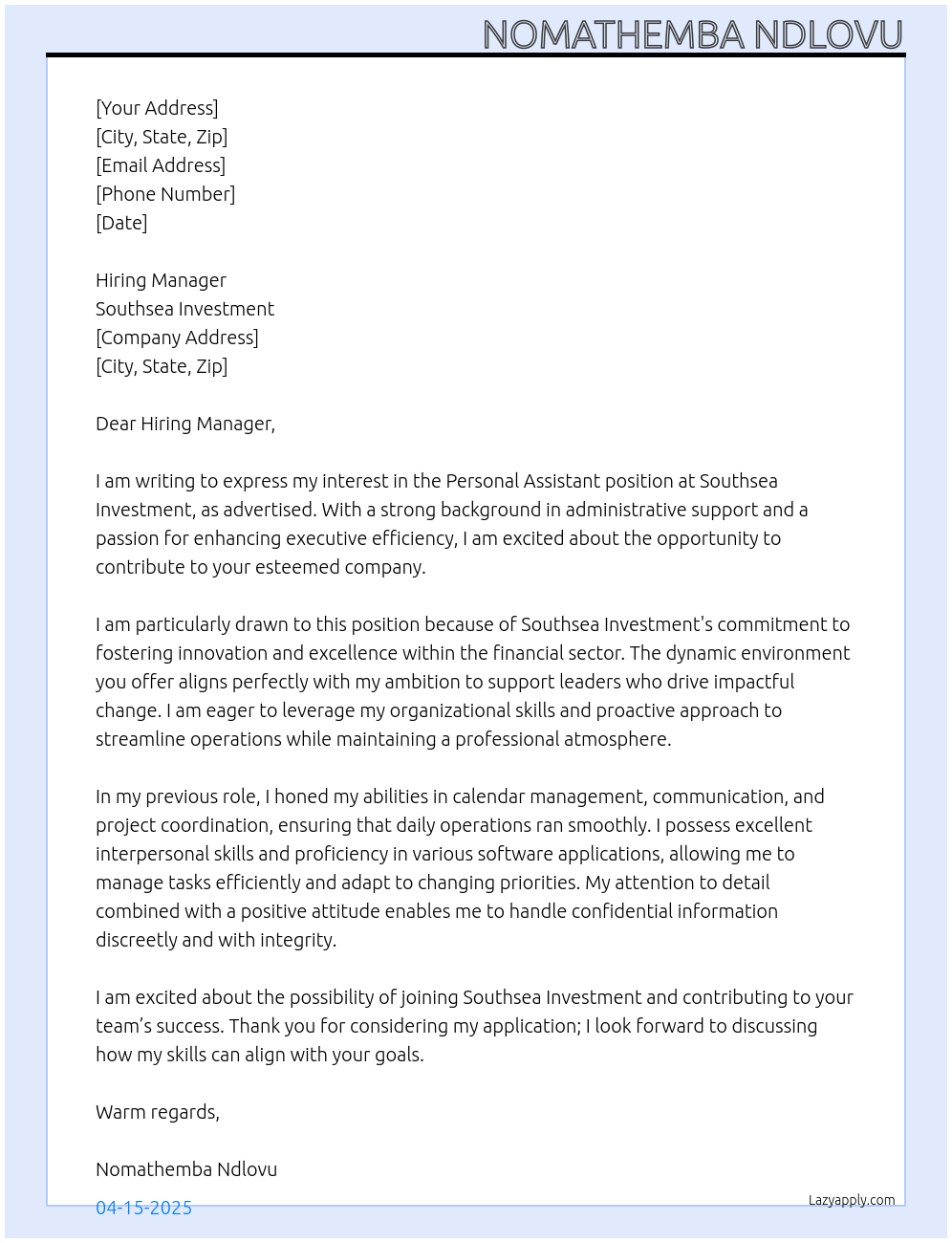Personal Assistant At Southsea Investment Cover Letter