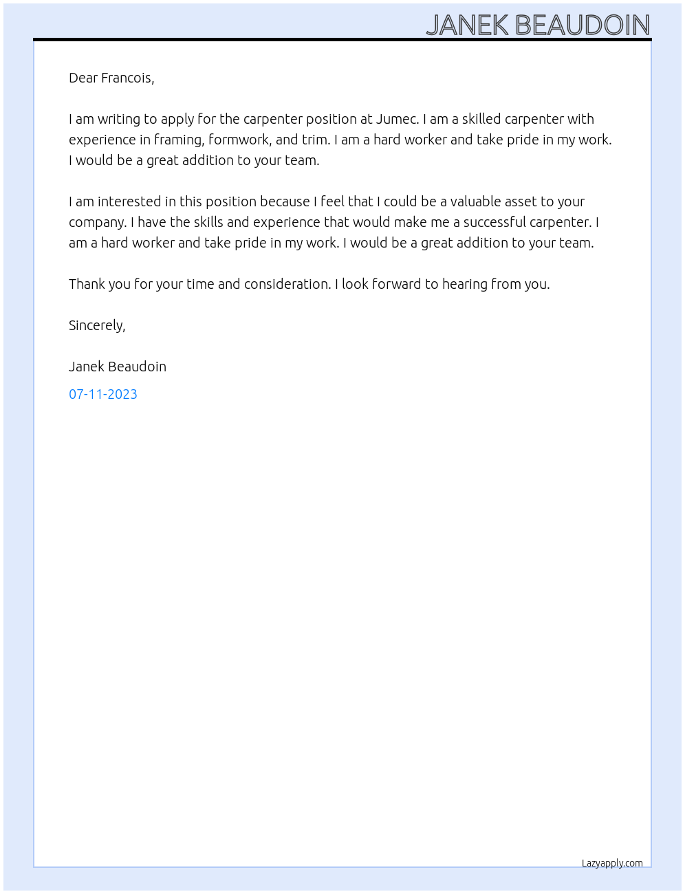 Carpenter At Jumec Cover Letter