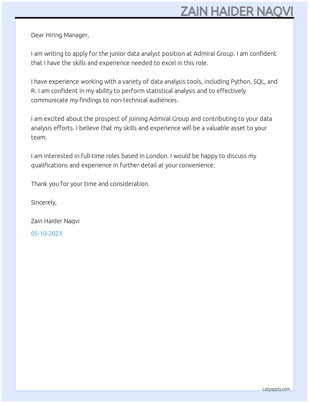 junior data analyst At Admiral group Cover Letter