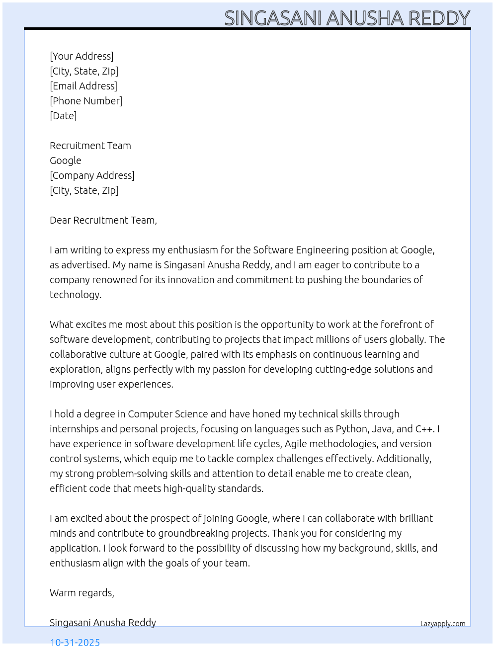 Software Engineering At Google Cover Letter