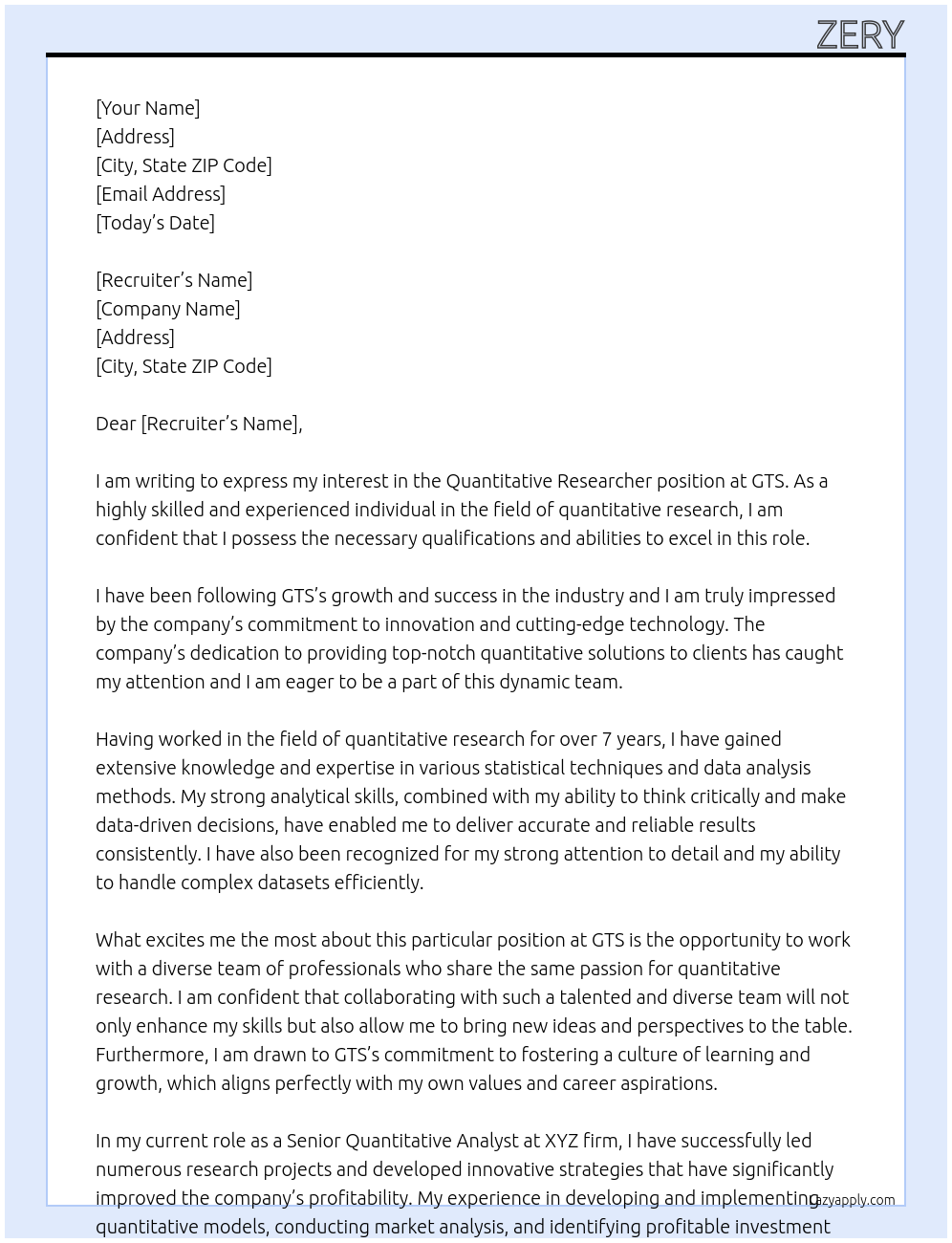 Quantitative Researcher At GTS Cover Letter