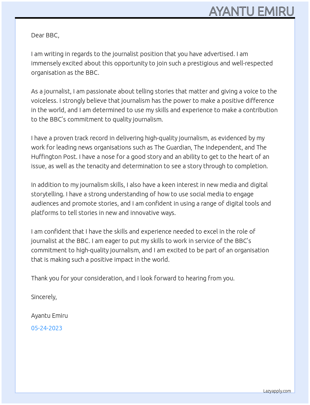 journalist At BBC Cover Letter