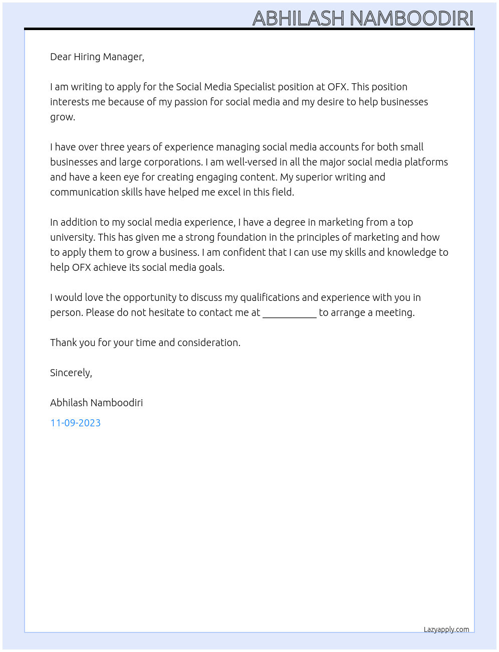 Social Media Specialist At OFX Cover Letter