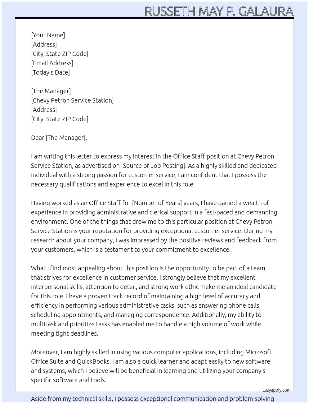 Office Staff At Chevy Petron Service Station Cover Letter