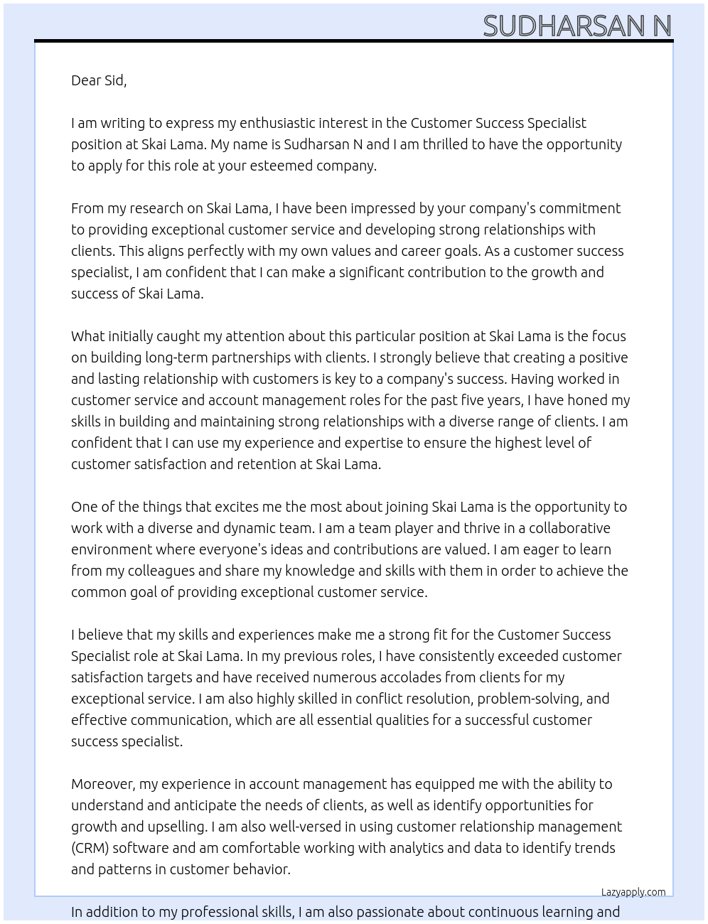Customer Success Specialist At Skai Lama Cover Letter