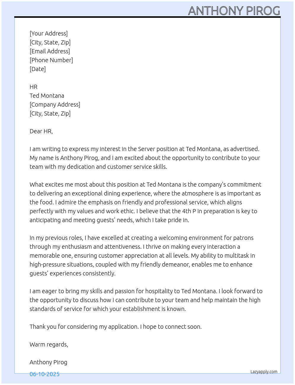 Server At Ted Montana Cover Letter
