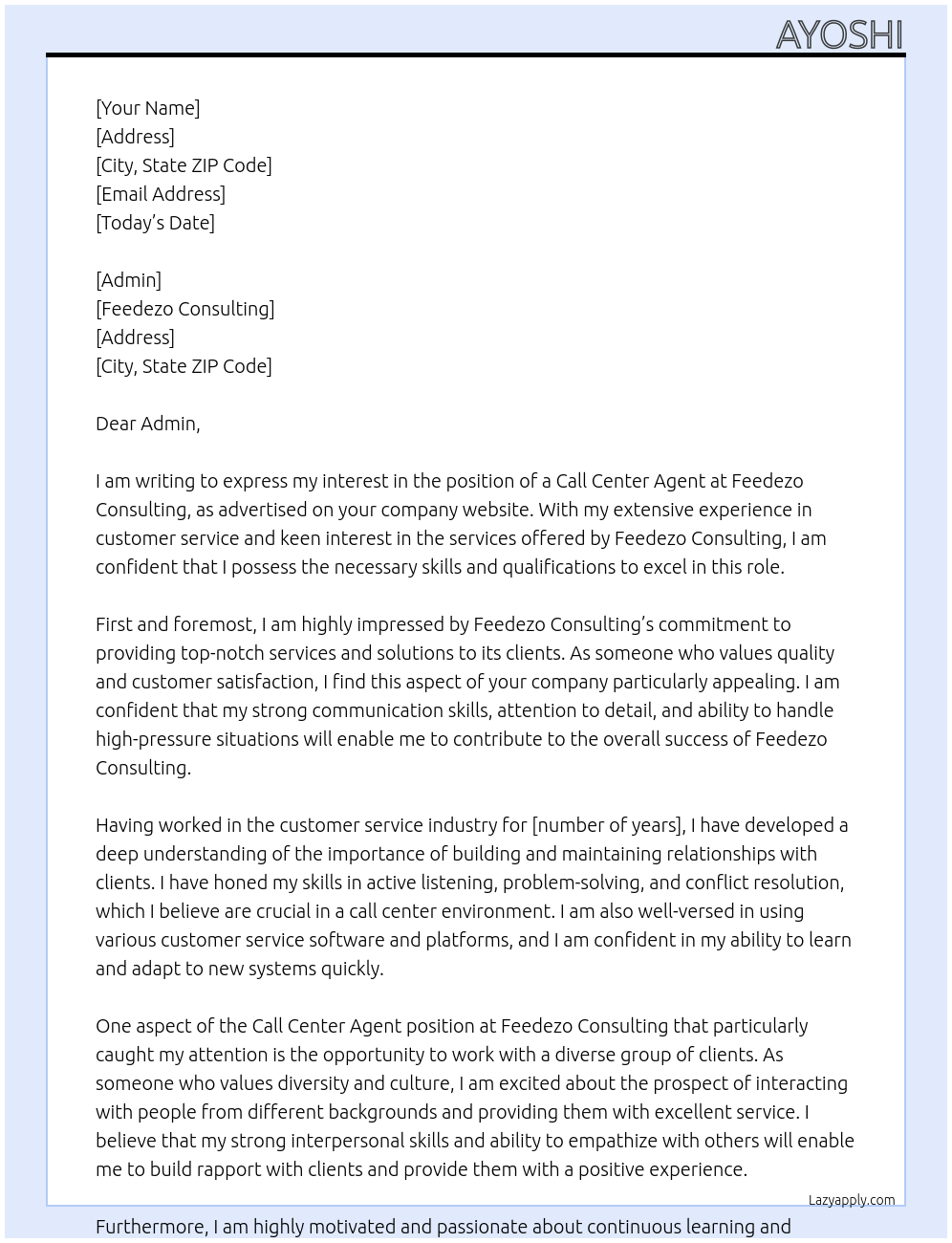 Call center agent At feedezo consulting Cover Letter