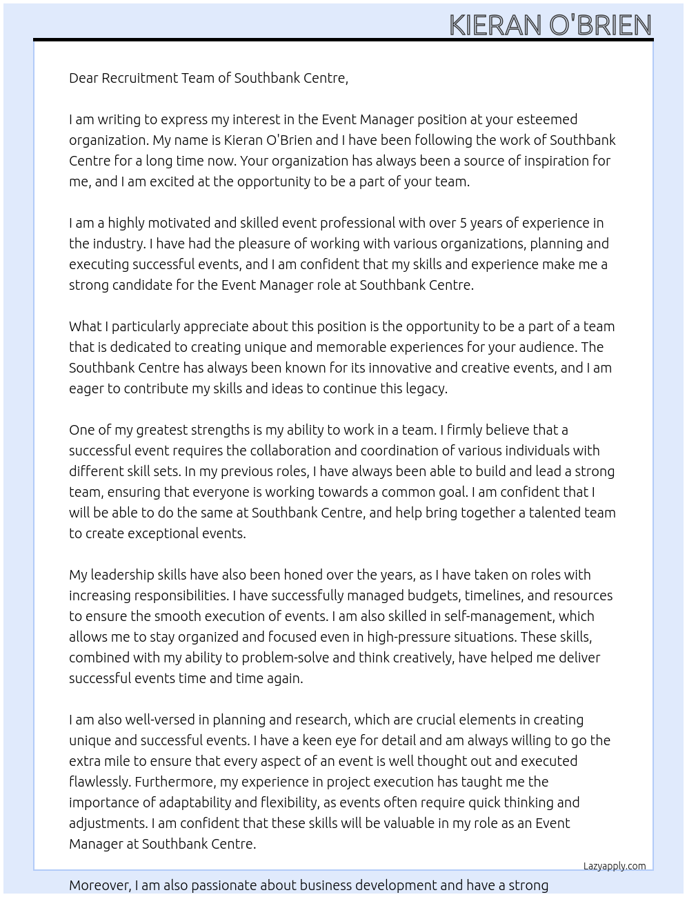 Event Manager At Southbank Centre Cover Letter