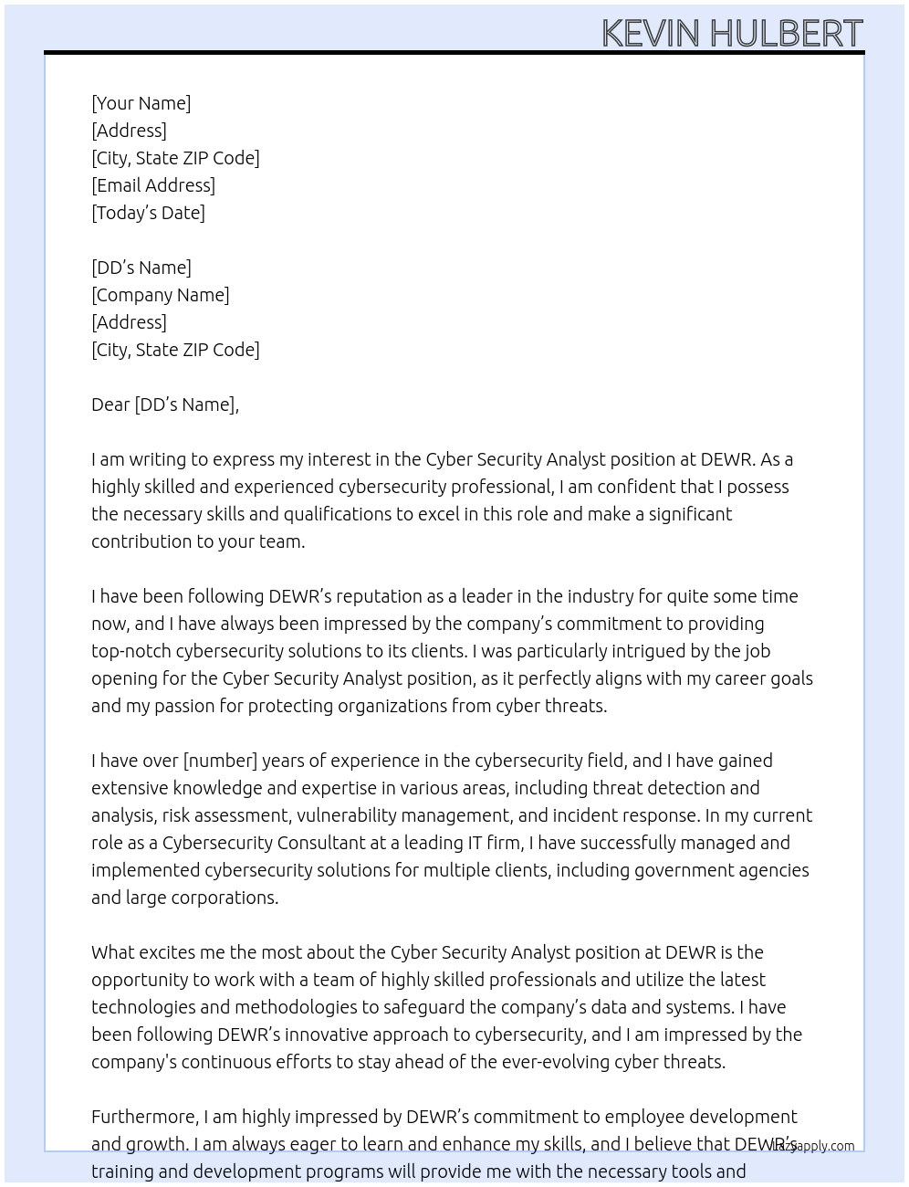 Cyber Security Analyst At DEWR Cover Letter
