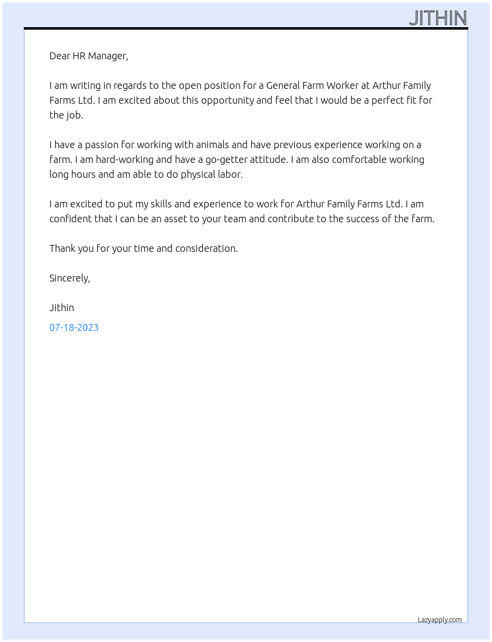 General Farm Worker At Arthur Family Farms Ltd Cover Letter