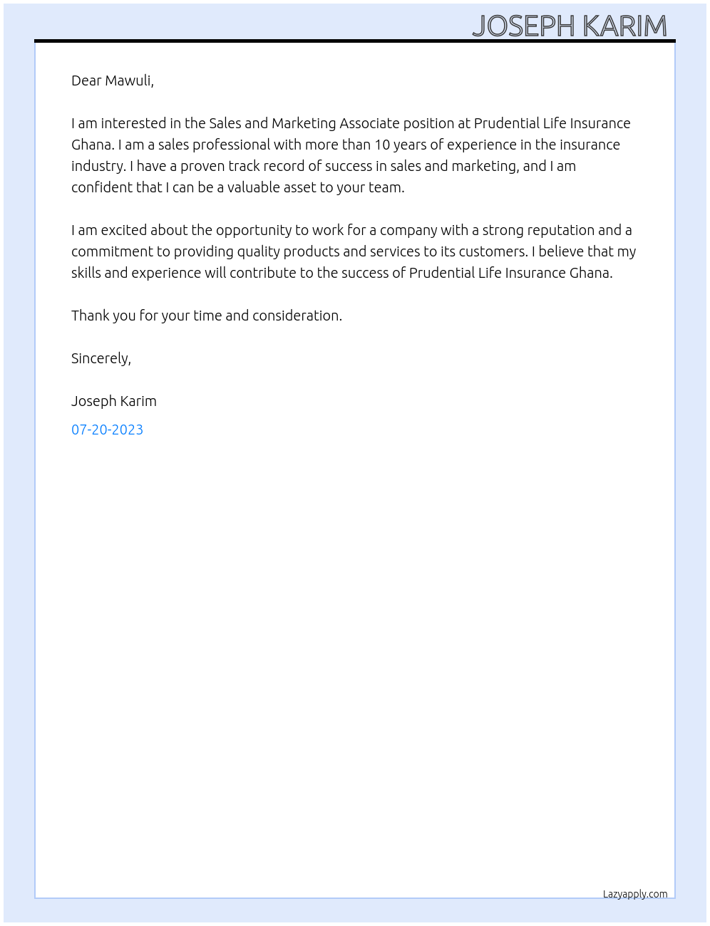 Sales and Marketing Associate  At Prudential Life Insurance Ghana  Cover Letter