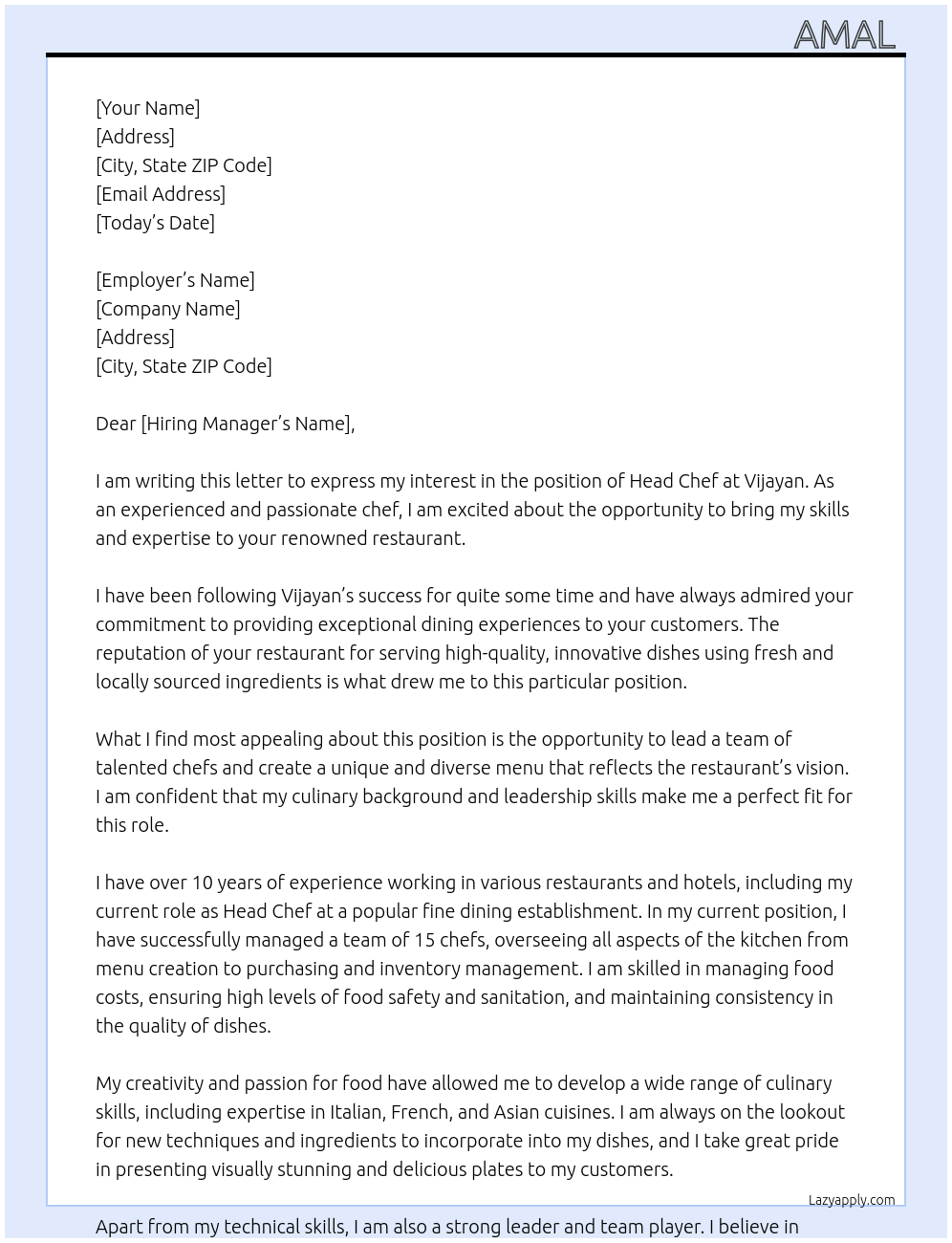 Head chef At Vijayan Cover Letter