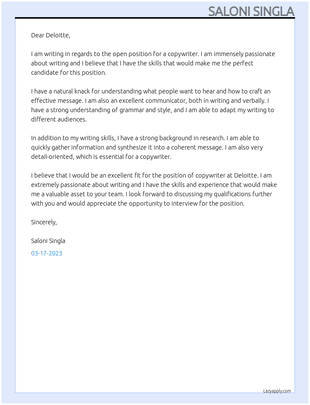 Copywriter At Deloitte Cover Letter