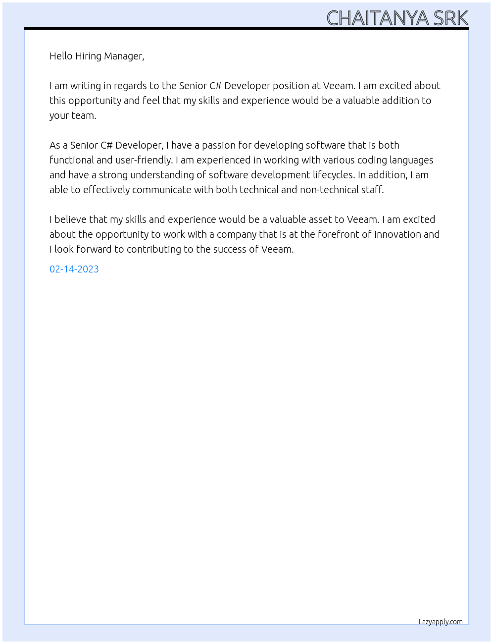 Cover Letter For Veeam LazyApply