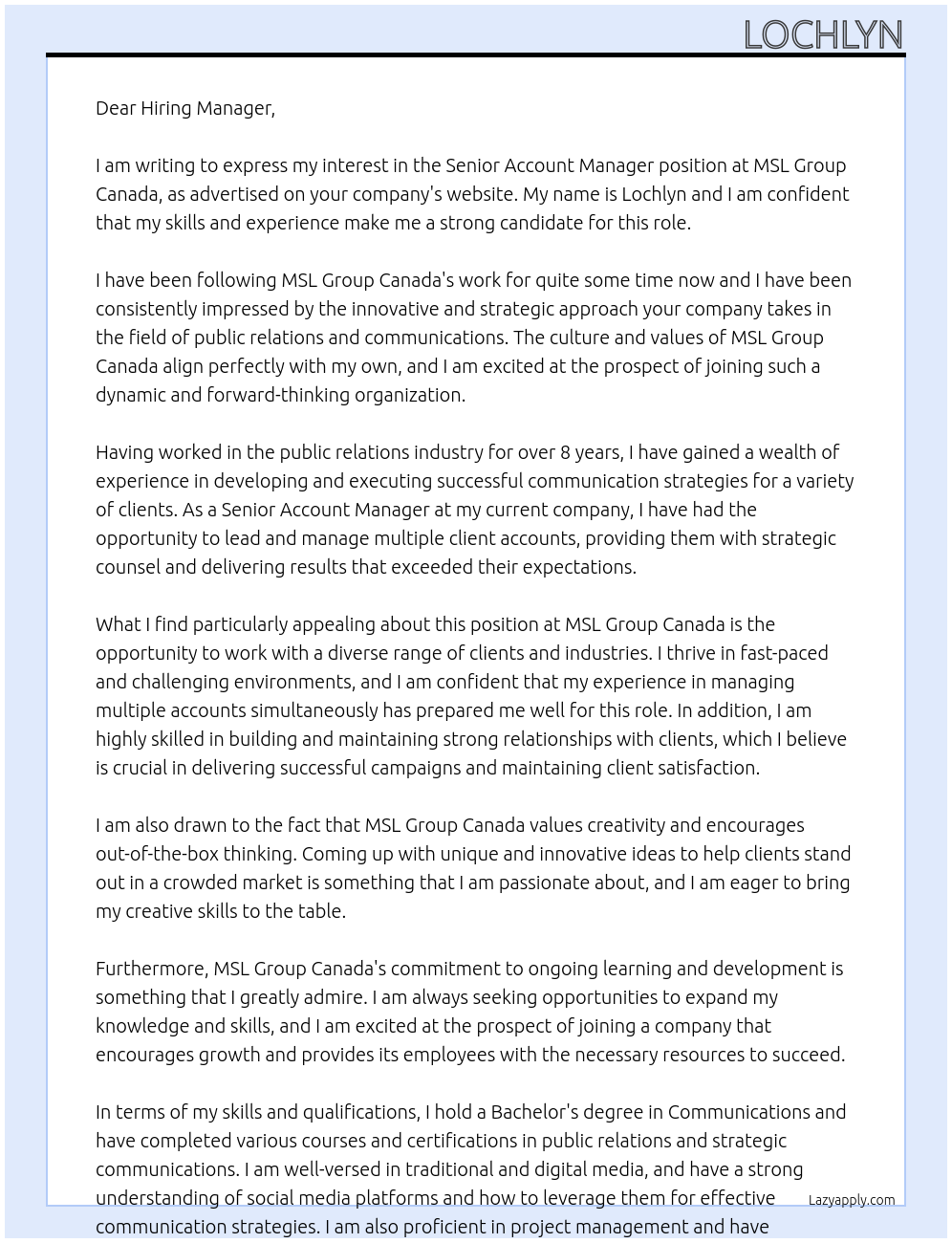 Senior Account Manager At MSL Group Canada Cover Letter