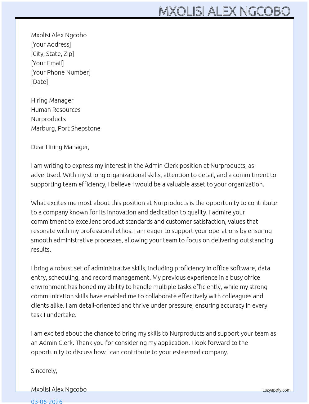 Admin Clerk  At Nurproducts Marburg Port Shepstone  Cover Letter