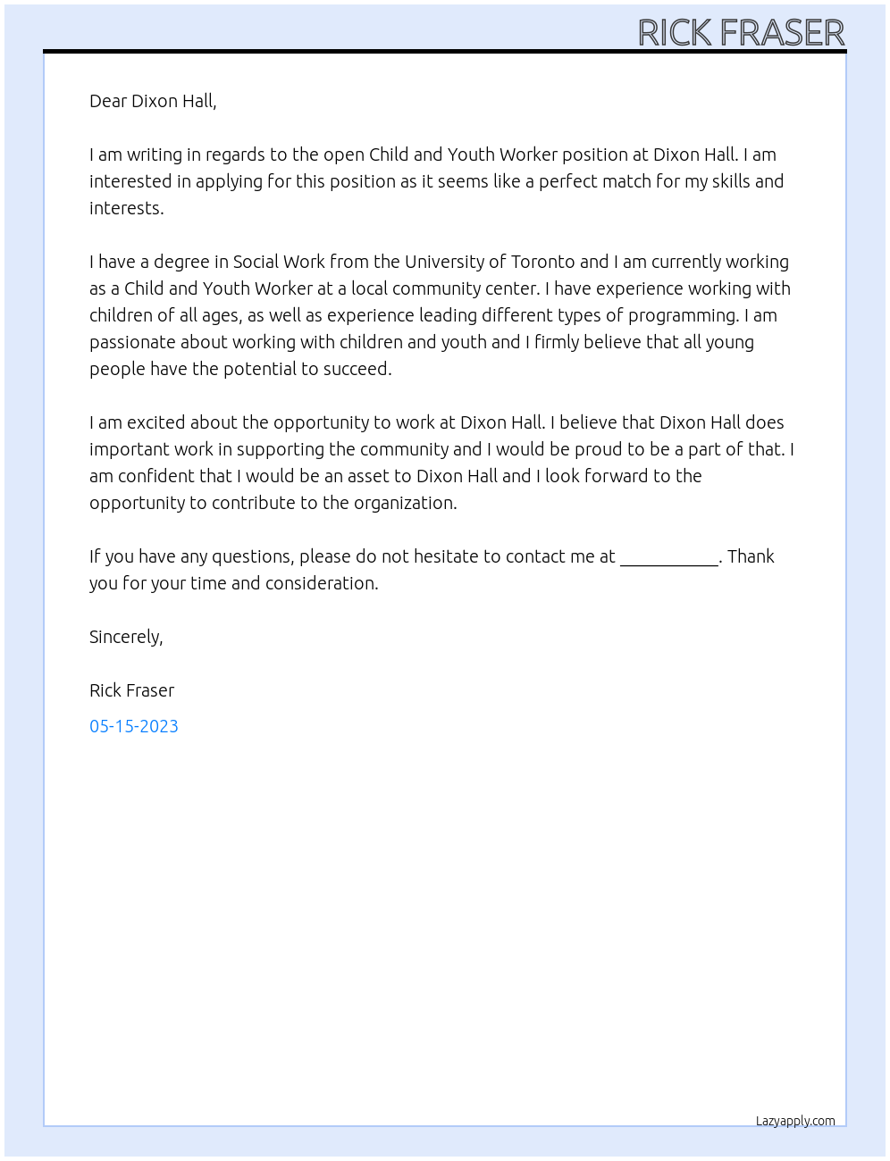 child and youth worker At Dixon Hall Cover Letter