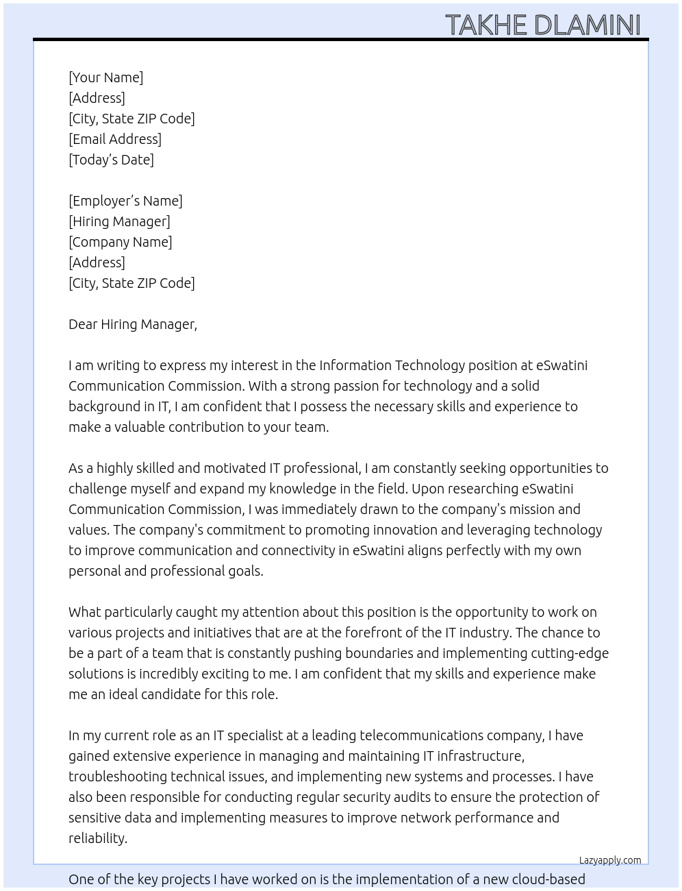 Information Technology At eSwatini communication commission Cover Letter