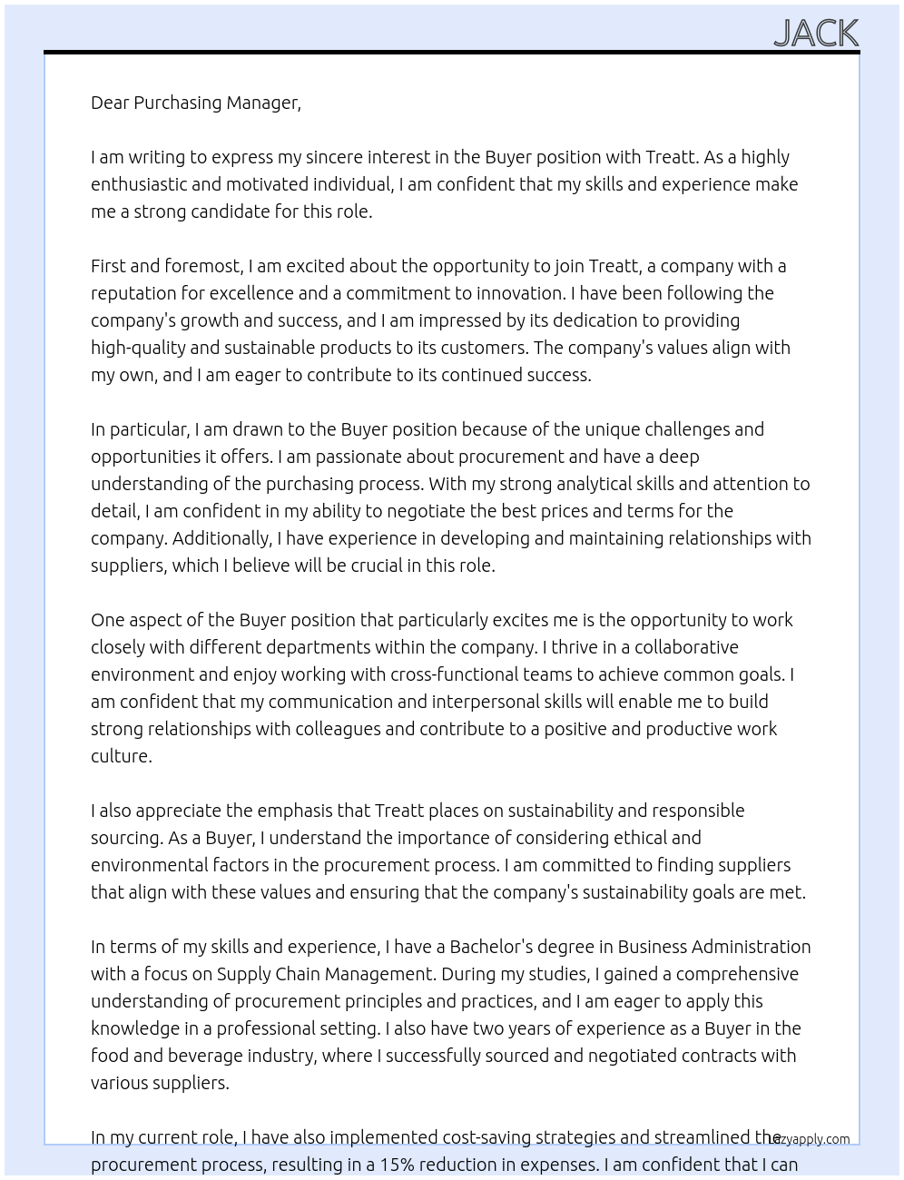 Buyer At Treatt Cover Letter
