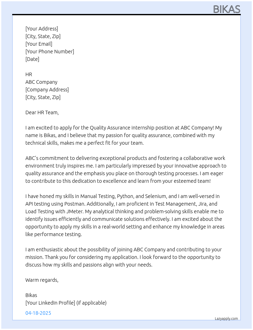 quality assurance At Abc Cover Letter