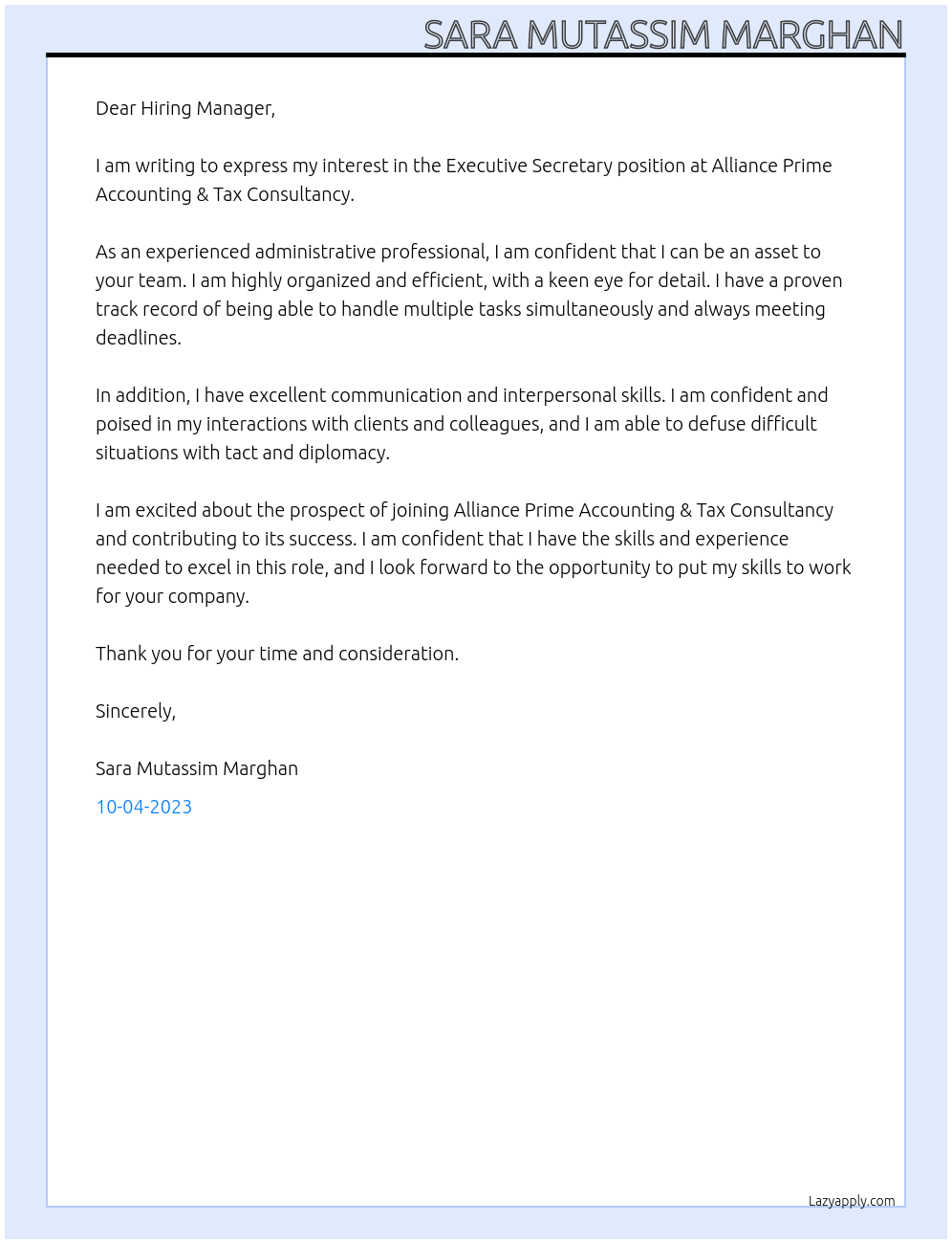 Executive Secretary At Alliance Prime Accounting & Tax Consultancy Cover Letter